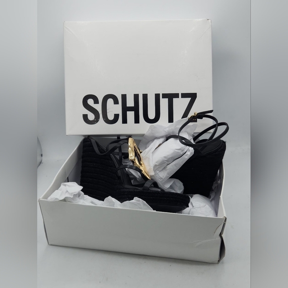 Schutz Amarilis Embellished Wedge Sandals In Black And Gold Size 11 B - Picture 14 of 16